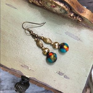 Gold Dangle Earrings W/ Ceramic Bead
